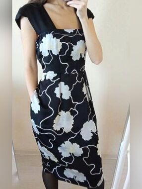 Boss Black and White Floral Square-Neck Dress